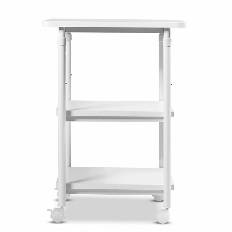 Höj- och sänkbar skrivarehylla med hjul, 3 nivåer, vit, 49 x 40 x 67-77 cm