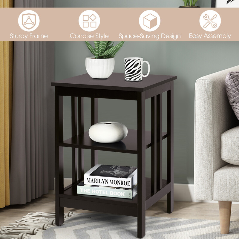 Trevånings sängbord med förvaring och kaffebrun finish för vardagsrum eller sovrum