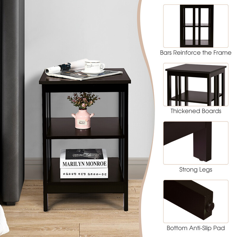 Trevånings sängbord med förvaring och kaffebrun finish för vardagsrum eller sovrum