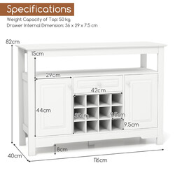 Modernt vitt buffetskåp med vinställ, öppen hylla, skåp och låda för mångsidig förvaring