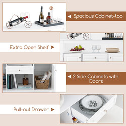 Modernt vitt buffetskåp med vinställ, öppen hylla, skåp och låda för mångsidig förvaring