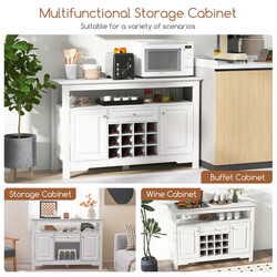 Modernt vitt buffetskåp med vinställ, öppen hylla, skåp och låda för mångsidig förvaring