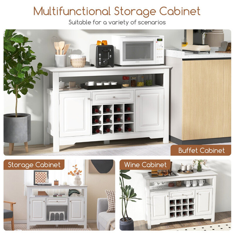 Modernt vitt buffetskåp med vinställ, öppen hylla, skåp och låda för mångsidig förvaring
