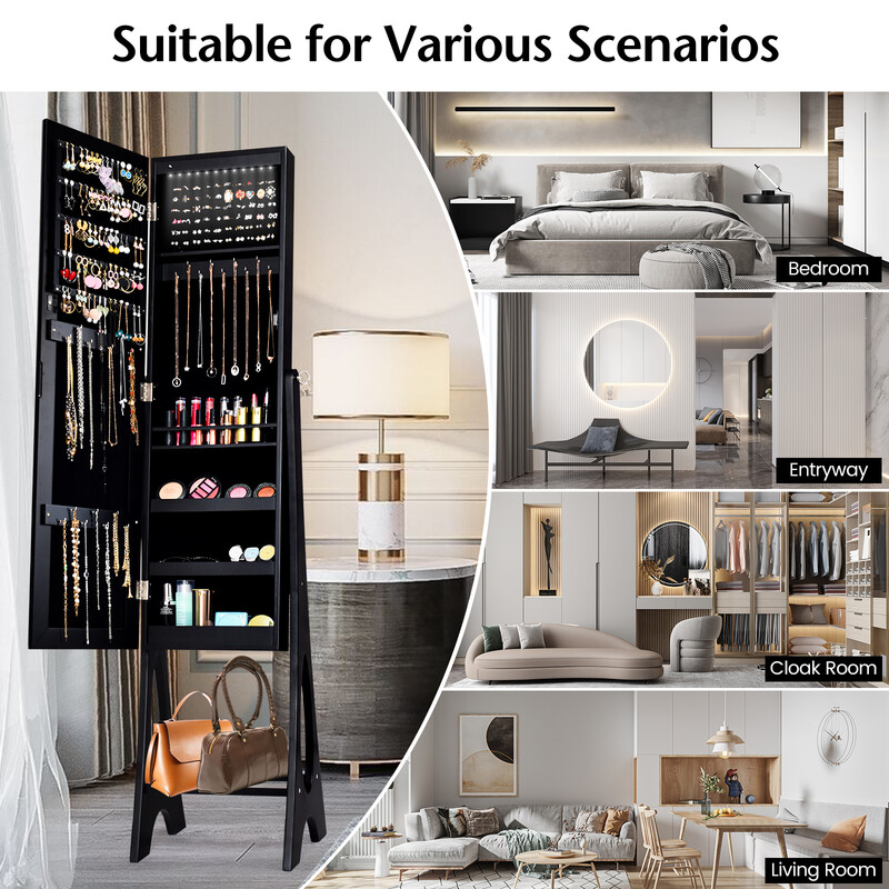 Smyckeskåp med helkroppsspegel och LED-belysning i svart MDF