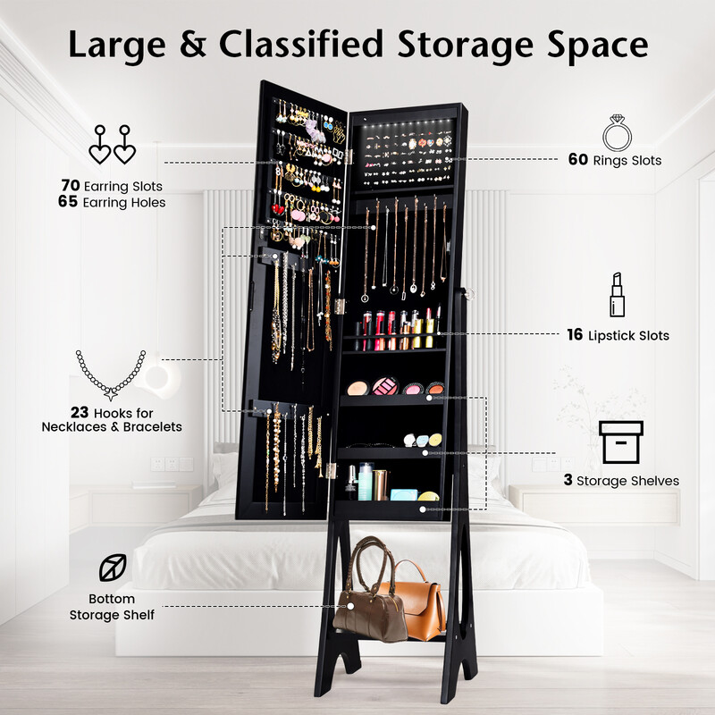 Smyckeskåp med helkroppsspegel och LED-belysning i svart MDF