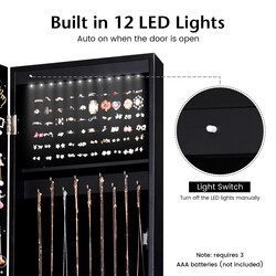 Smyckeskåp med helkroppsspegel och LED-belysning i svart MDF