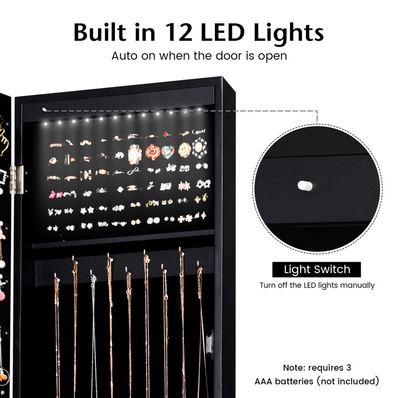 Smyckeskåp med helkroppsspegel och LED-belysning i svart MDF