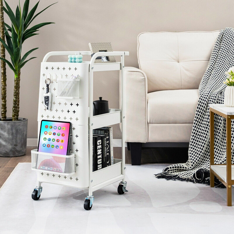 Vit 3-nivåers rullvagn i metall med avtagbara paneler, korgar och krokar