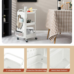 Vit 3-nivåers rullvagn i metall med avtagbara paneler, korgar och krokar