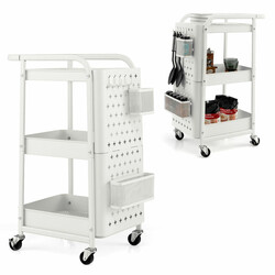 Vit 3-nivåers rullvagn i metall med avtagbara paneler, korgar och krokar