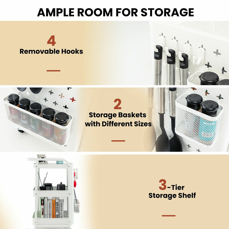 Vit 3-nivåers rullvagn i metall med avtagbara paneler, korgar och krokar