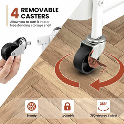 Vit 3-nivåers rullvagn i metall med avtagbara paneler, korgar och krokar