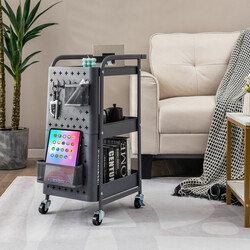 Grå 3-nivåers rullvagn med pegboards, korgar och krokar för flexibel förvaring