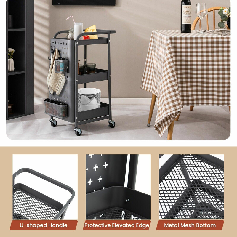 Grå 3-nivåers rullvagn med pegboards, korgar och krokar för flexibel förvaring