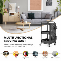 Grå 3-nivåers rullvagn med pegboards, korgar och krokar för flexibel förvaring