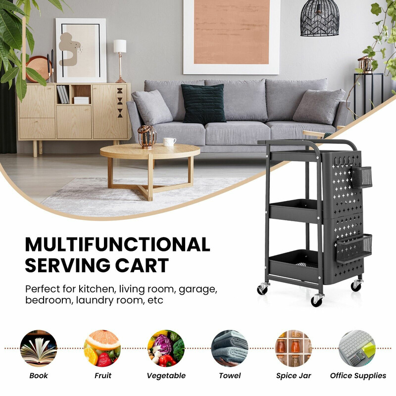 Grå 3-nivåers rullvagn med pegboards, korgar och krokar för flexibel förvaring