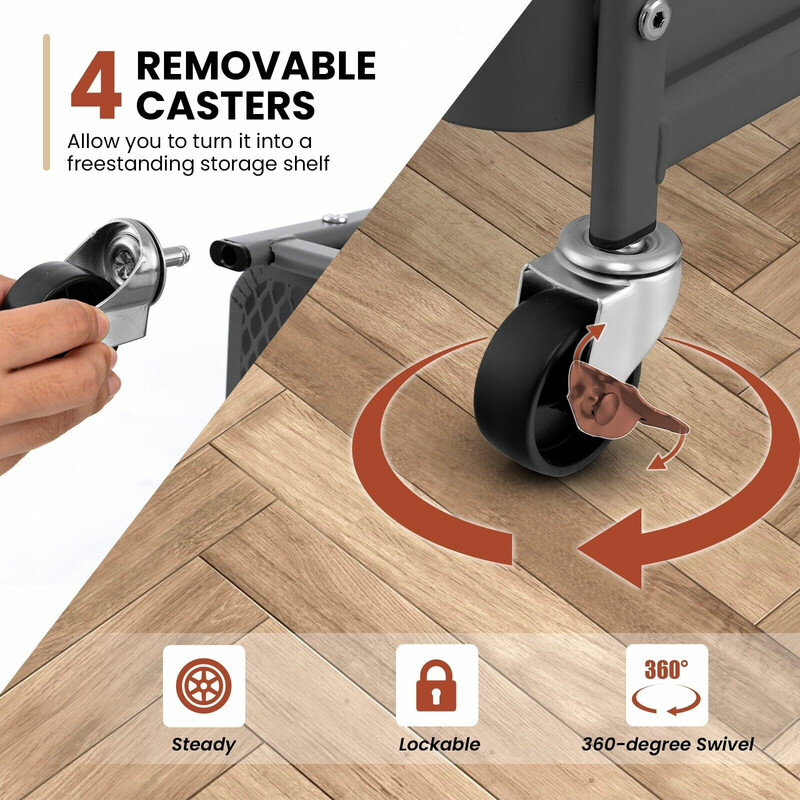 Grå 3-nivåers rullvagn med pegboards, korgar och krokar för flexibel förvaring