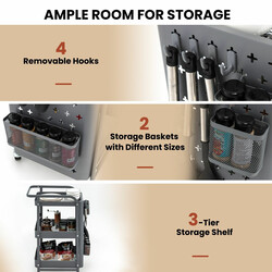 Grå 3-nivåers rullvagn med pegboards, korgar och krokar för flexibel förvaring