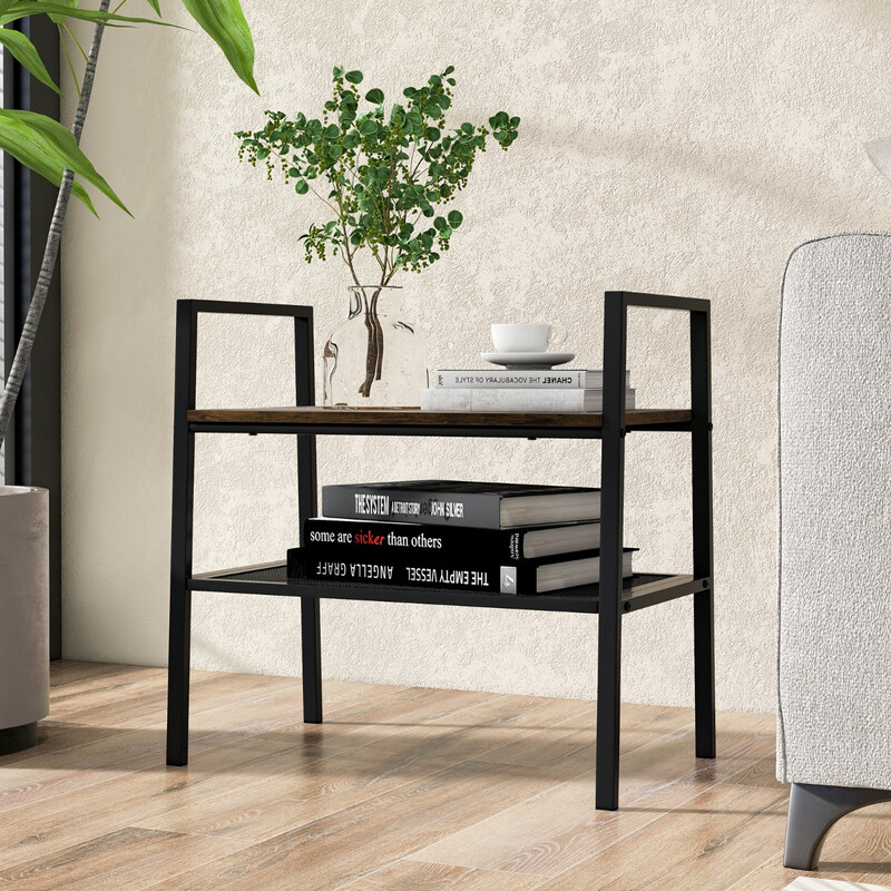 Tvåvånings stapelbart skoställ i trä och metall brun + svart