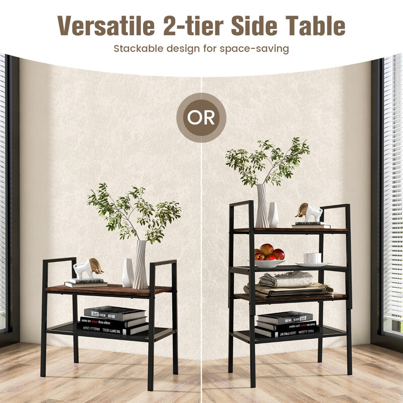 Tvåvånings stapelbart skoställ i trä och metall brun + svart