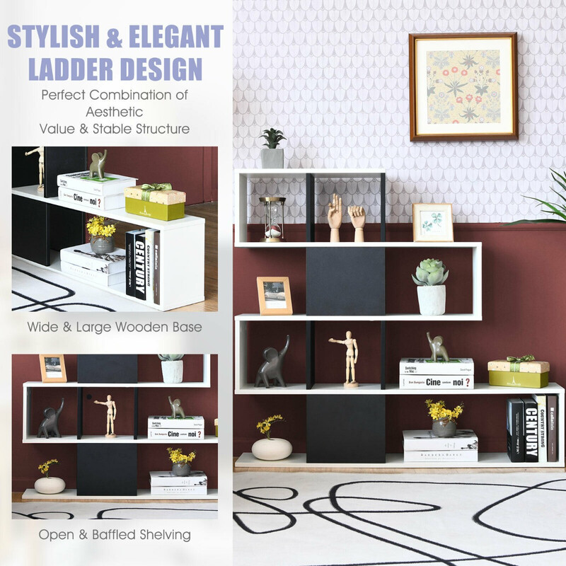 Modern svartvit bokhylla i trä med 5 hyllplan i stegliknande design