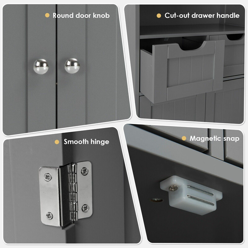 Fristående grått skåp med justerbara lådor och hyllor för kök och badrum 60x30x109 cm