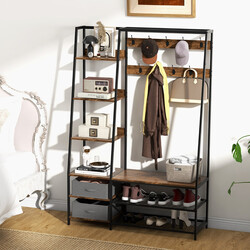 Industriell klädställning med skobänk för hallen 122x40x180 cm rustik brun