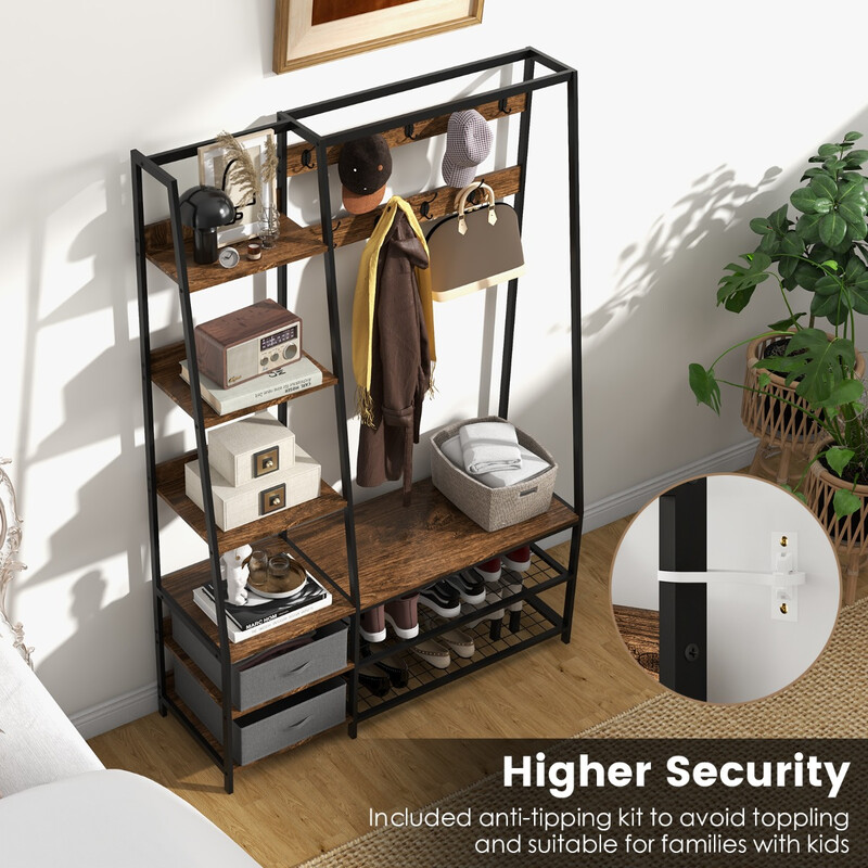 Industriell klädställning med skobänk för hallen 122x40x180 cm rustik brun