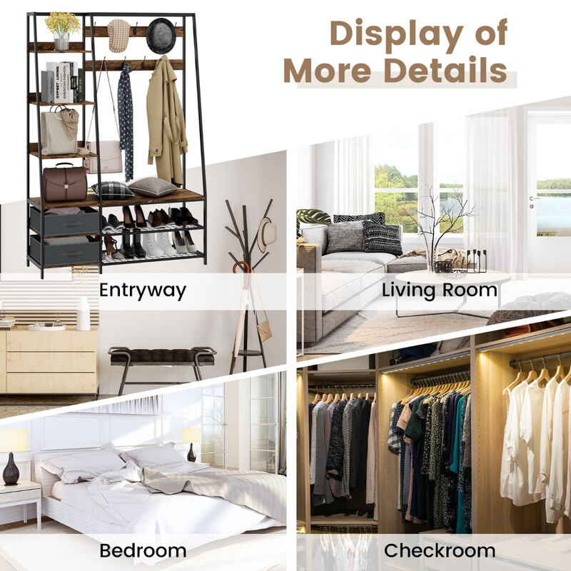 Industriell klädställning med skobänk för hallen 122x40x180 cm rustik brun