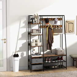 Industriell klädställning med skobänk för hallen 122x40x180 cm rustik brun