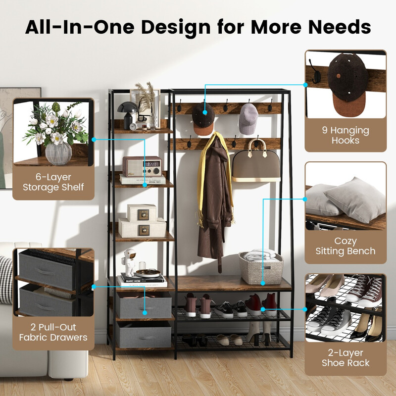 Industriell klädställning med skobänk för hallen 122x40x180 cm rustik brun