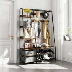 Industriell klädställning med skobänk för hallen 122x40x180 cm rustik brun