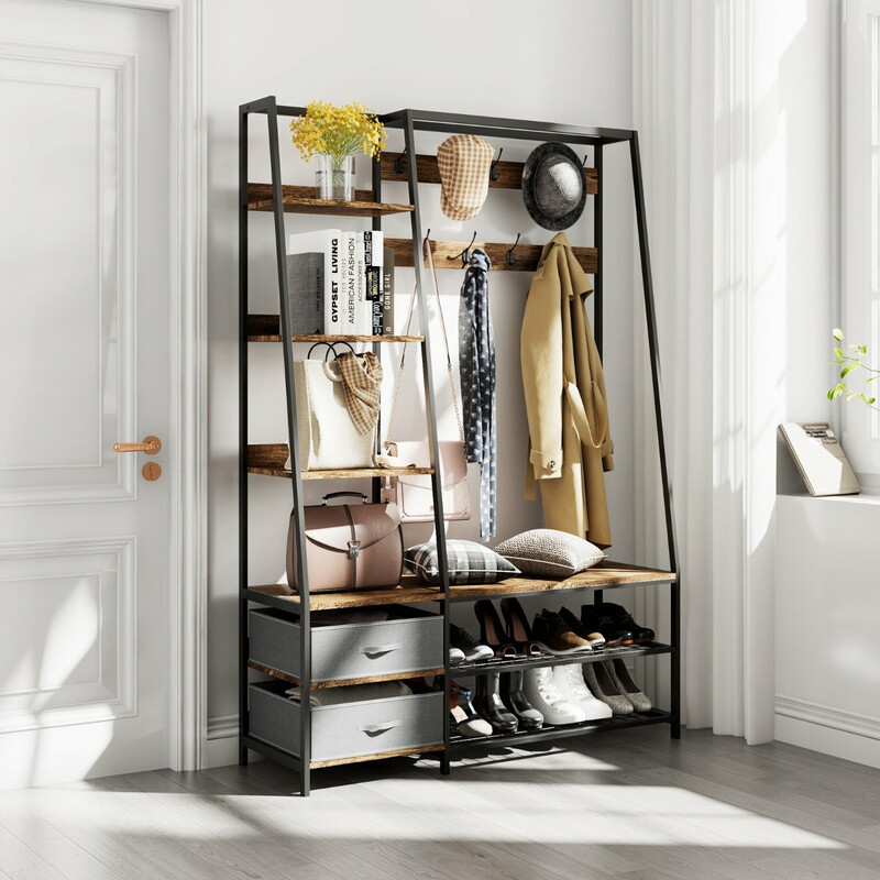 Industriell klädställning med skobänk för hallen 122x40x180 cm rustik brun