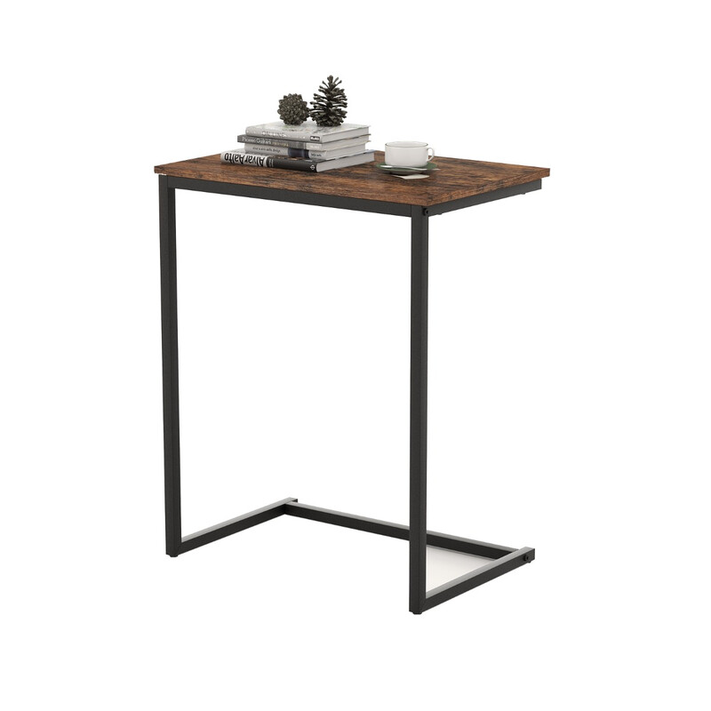 C-format sidobord i trä och metall, vintage design, kompakt och stabil, brun och svart