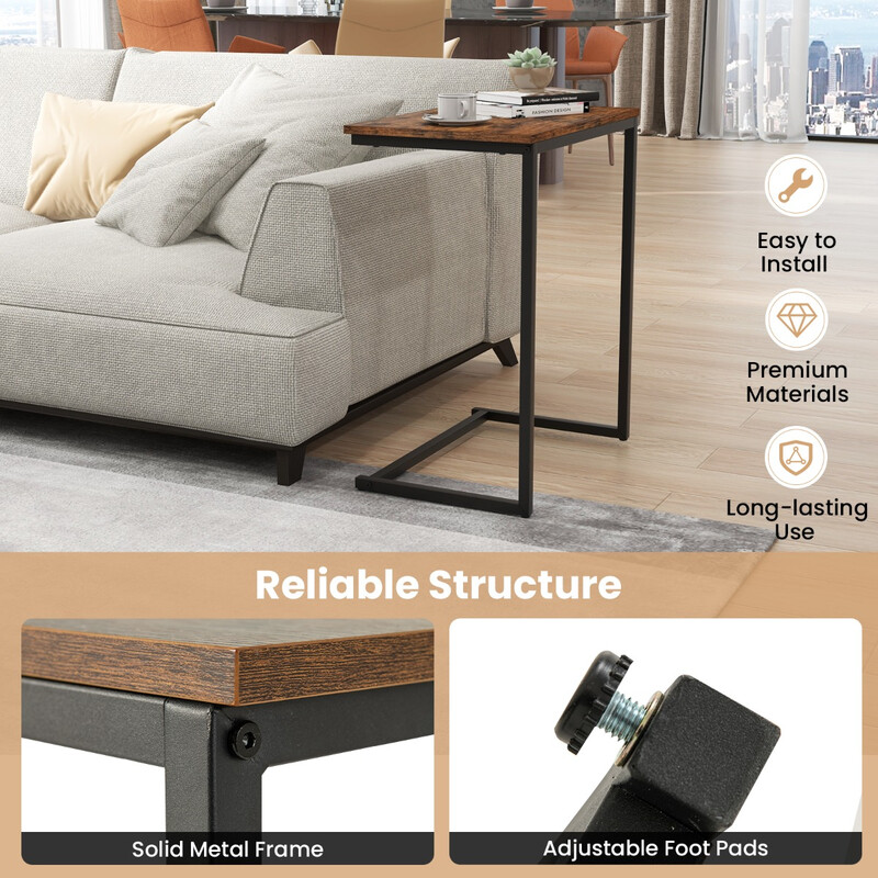 C-format sidobord i trä och metall, vintage design, kompakt och stabil, brun och svart