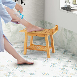 Duschbänk i bambu med förvaringshylla och säkerhetshandtag, 60 x 30 x 50 cm, naturlig