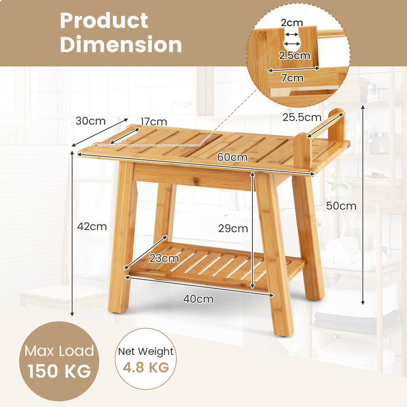 Duschbänk i bambu med förvaringshylla och säkerhetshandtag, 60 x 30 x 50 cm, naturlig