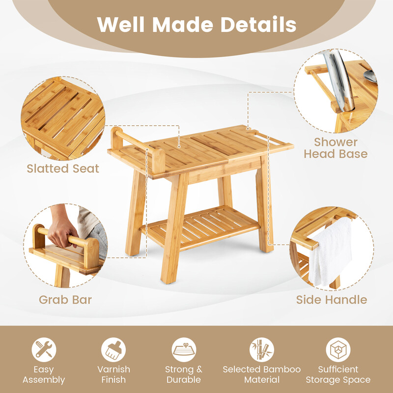 Duschbänk i bambu med förvaringshylla och säkerhetshandtag, 60 x 30 x 50 cm, naturlig