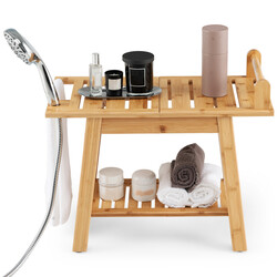 Duschbänk i bambu med förvaringshylla och säkerhetshandtag, 60 x 30 x 50 cm, naturlig