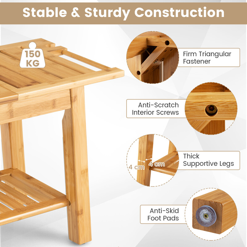Duschbänk i bambu med förvaringshylla och säkerhetshandtag, 60 x 30 x 50 cm, naturlig