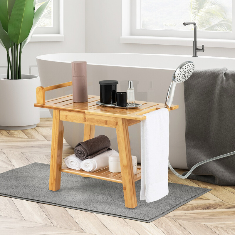 Duschbänk i bambu med förvaringshylla och säkerhetshandtag, 60 x 30 x 50 cm, naturlig