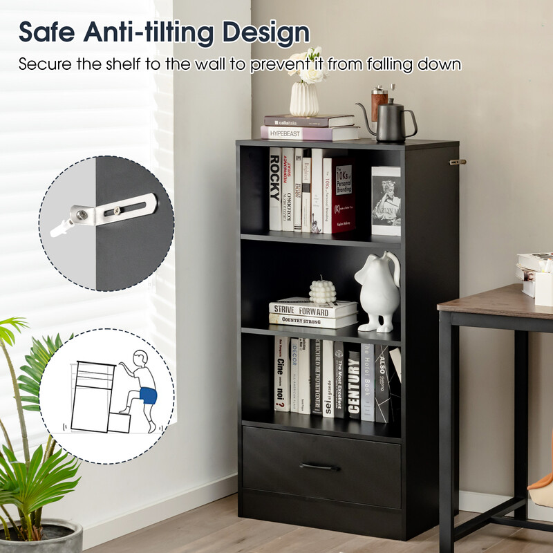 Svart fyrnivå bokhylla med låda och robust konstruktion för modern förvaring