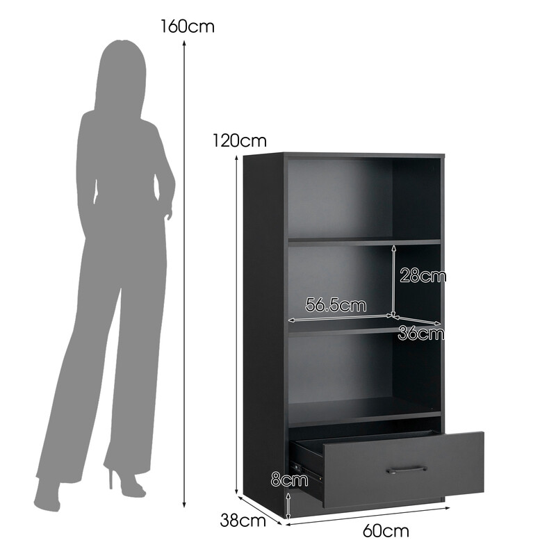 Svart fyrnivå bokhylla med låda och robust konstruktion för modern förvaring