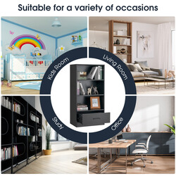 Svart fyrnivå bokhylla med låda och robust konstruktion för modern förvaring