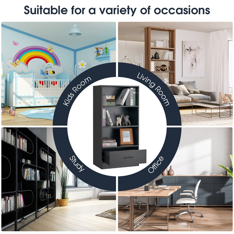 Svart fyrnivå bokhylla med låda och robust konstruktion för modern förvaring