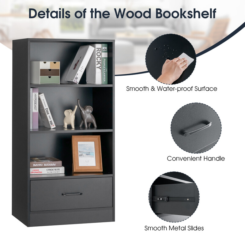 Svart fyrnivå bokhylla med låda och robust konstruktion för modern förvaring