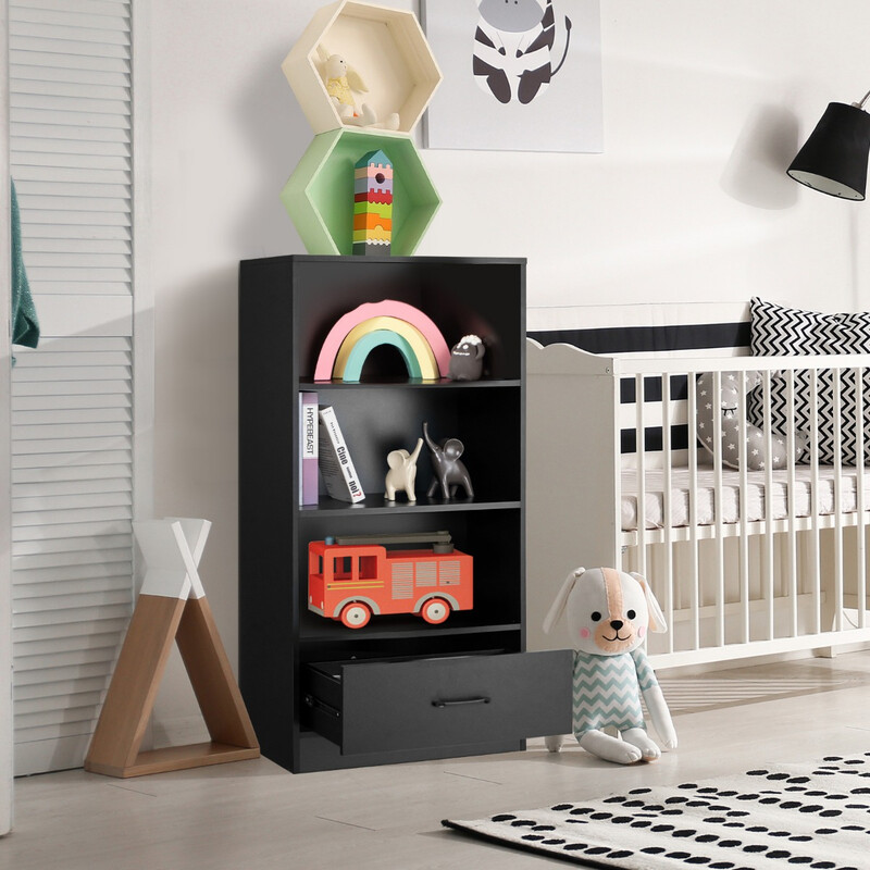 Svart fyrnivå bokhylla med låda och robust konstruktion för modern förvaring