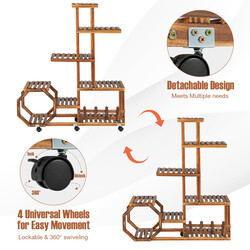 Blomställning i trä med hjul och 8 hyllor för inomhusbruk, naturlig färg