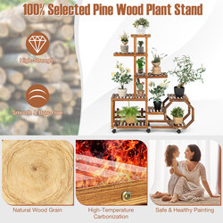 Blomställning i trä med hjul och 8 hyllor för inomhusbruk, naturlig färg