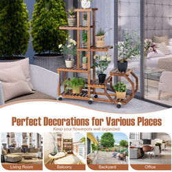 Blomställning i trä med hjul och 8 hyllor för inomhusbruk, naturlig färg